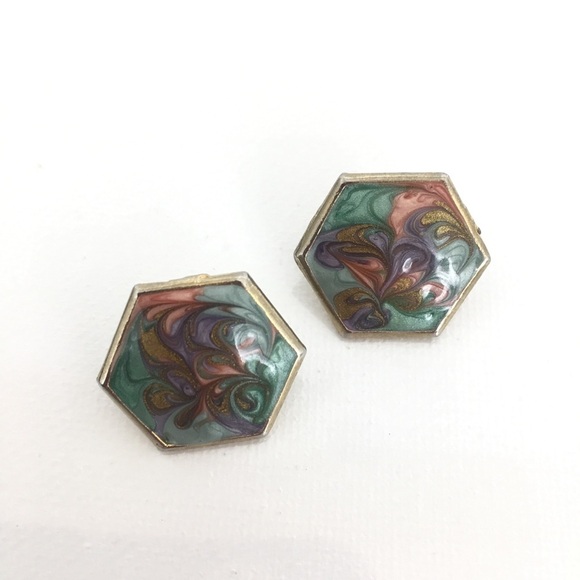 Vintage Hexagon Enamel Marble Post Earrings Pink Green Blue Purple Pastel Retro - Picture 5 of 7